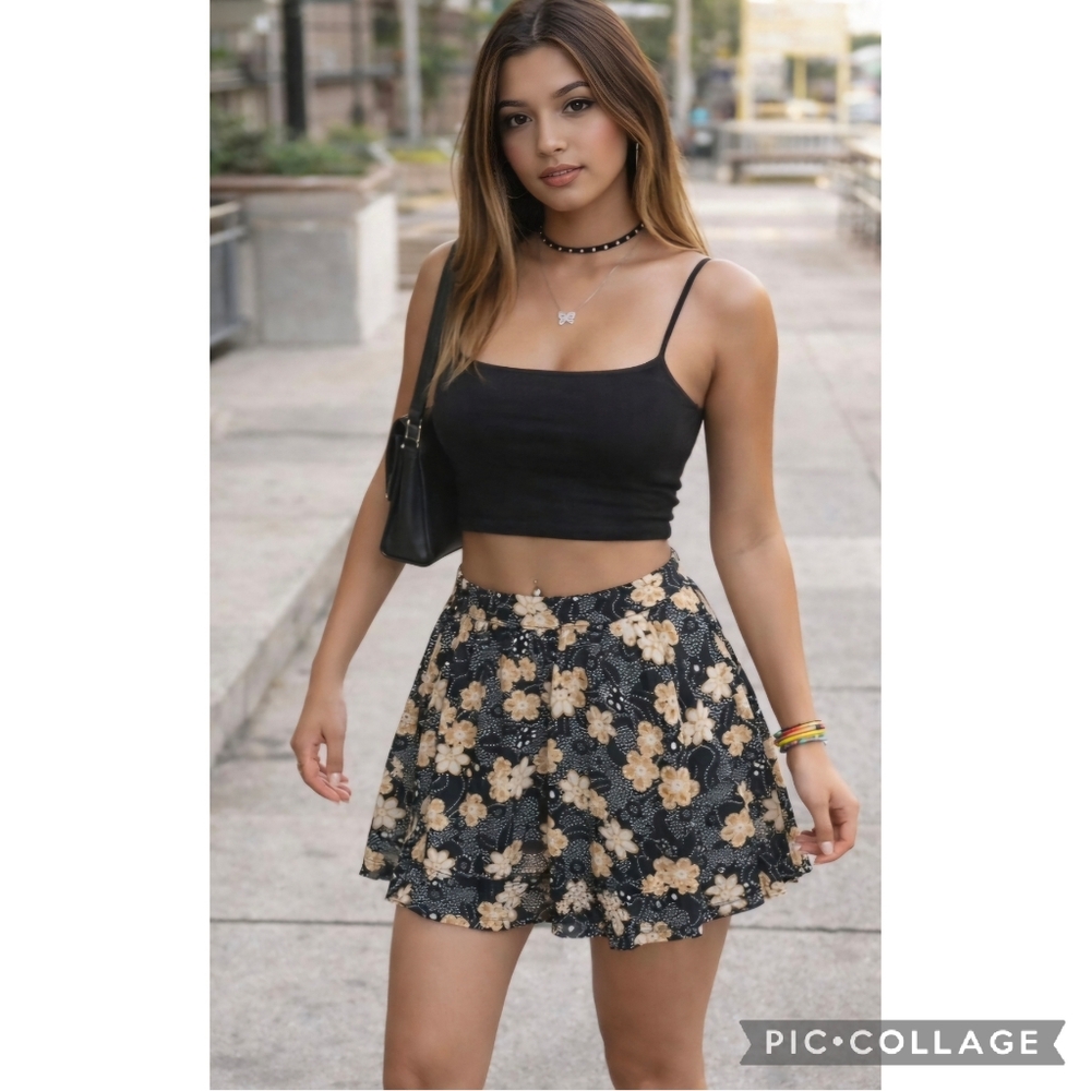 Vintage Y2K Wet Seal Mini Skirt Juniors Large Black Brown Floral Feminine Grunge